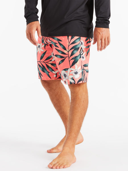 Salmon Peach Striped Volcom Mod-Tech Stretch Hawaiian Tropical Surf Board  Shorts